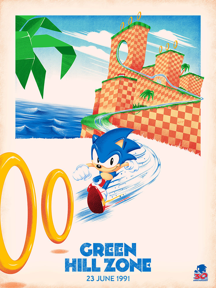 Sonic Green Hill Zone Watercolor Painting Reproduction Print 